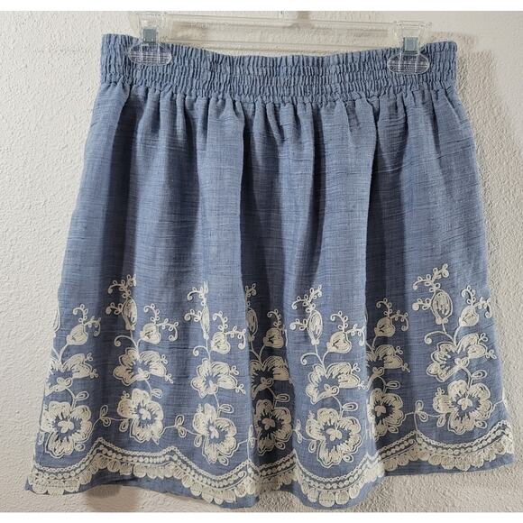 Emmelee Blue Beige Embroidered Floral Detail Pleated A Line Mini Skirt Large - Picture 1 of 4